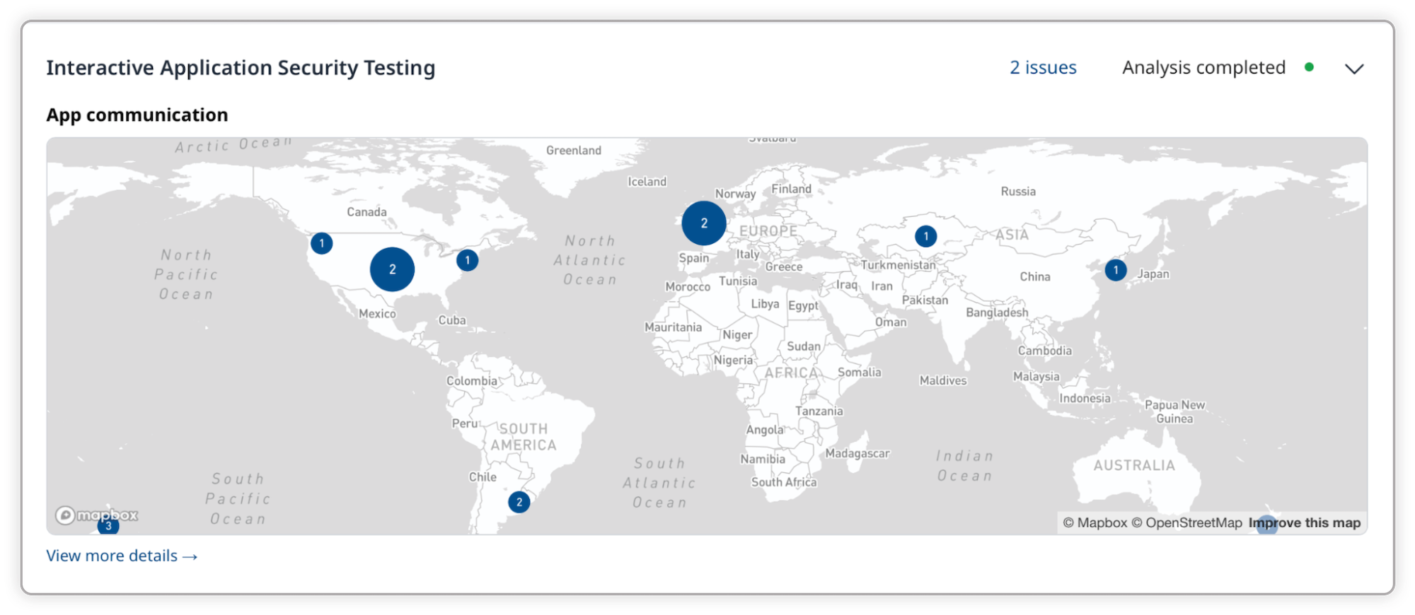 interface showing a global map with blue circles reflecting results of interactive application security testing